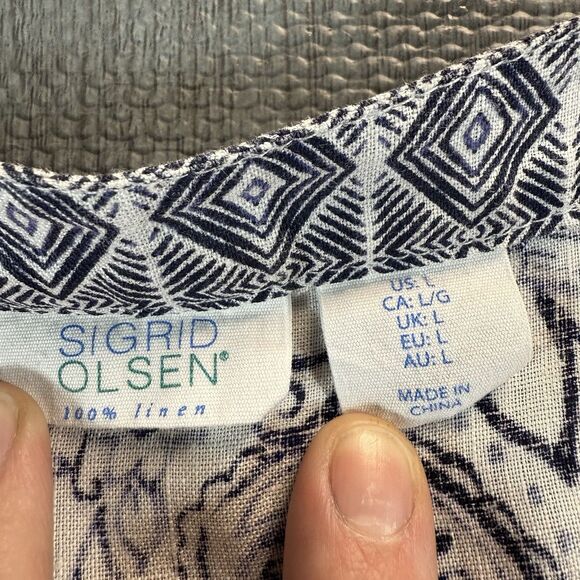 SIGRID OLSEN Blue & White 100% Linen Floral Paisley Boho Tunic Top SIZE L - Picture 4 of 8